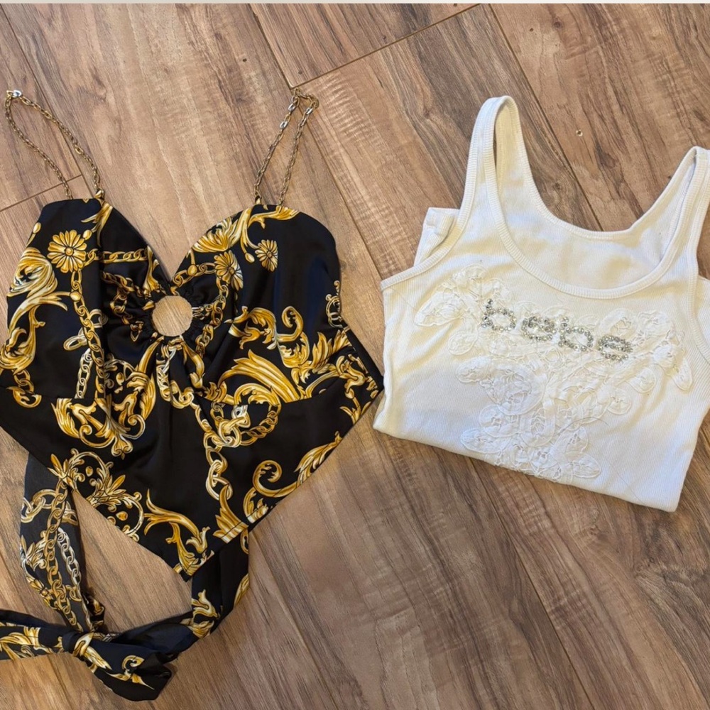 Bebe White Tank and Just Polly Gold Chain Print Camisole Spring Tops